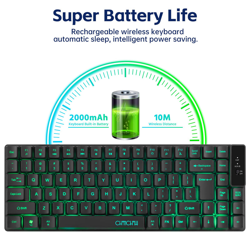 Wireless Keyboard, Rechargeable Mini Quiet Keyboard, Thin Tenkeyless | 87 Key RGB Backlit, Small Compact Keyboard, Light Up Mechanical Feel Keyboard for Xbox PS4 PS5 PC Laptop Gamer Black