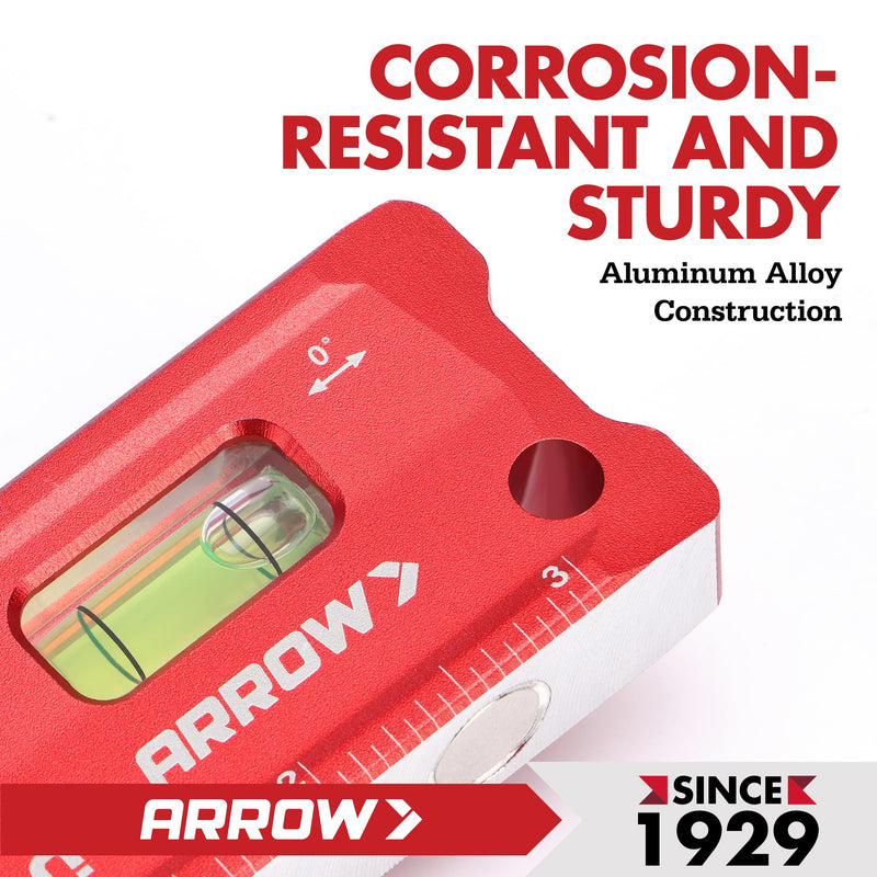 ARROW 4-Inch Torpedo Level, Small Magnetic Leveler Tool with 0°/90° Bubbles, Top-view Window, Aluminium Alloy Frame, Dual SAE and Metric Scales 4 inch