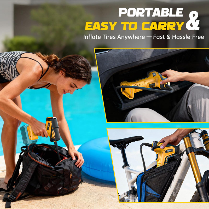 Cordless Tire Inflator Air Compressor Compatible with Dewalt 20V Battery (Tool Only), 150 PSI Portable Car Air Pump with Digital Pressure Gauge, Automatic Shut Off, LED Light Yellow- Compatible With Dewalt 20v