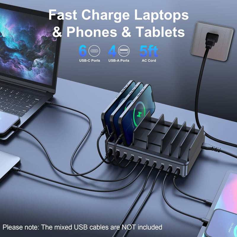 chipofy 500W Charging Station for Multiple Devices, 10-Port Multi USB C Fast Charger Station with Organizer Stand for MacBook Laptop, iPad, iPhone 16 15 Pro Max, Galaxy S25/S24 (No USB Cables)