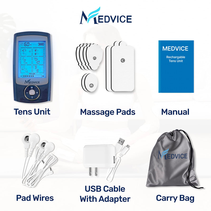MEDVICE Dual Channel Rechargeable Tens Unit Muscle Stimulator - 2nd Gen 16 Modes & 8 Upgraded Pads for Natural Pain Relief & Management - FDA Cleared Electric Pulse Impulse Mini Massager Machine