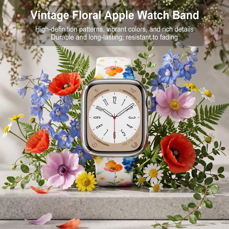 Floral Band Compatible with Apple Watch Bands for Women 40mm 42mm 41mm 38mm 44mm 45mm 46mm 49mm, Cute Pattern Flower Soft Silicone Sport Strap for iWatch Series Ultra 11 10 SE 9 8 7 6 5 4 3 2 L-Spring Garden 38mm/40mm/41mm/42mm [series 11 10]