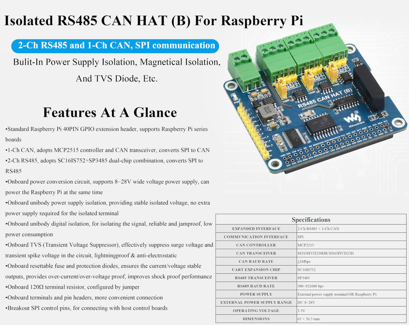 Industrial Isolated RS485 CAN HAT Compatible with Raspberry Pi 5/4B/3B+/3B/ZeroW/WH/Zero 2W/Pico W/Pico 2 W, Expand 2-Ch RS485 and 1-CH CAN, SPI Communication, Bulit-in Multi Protections
