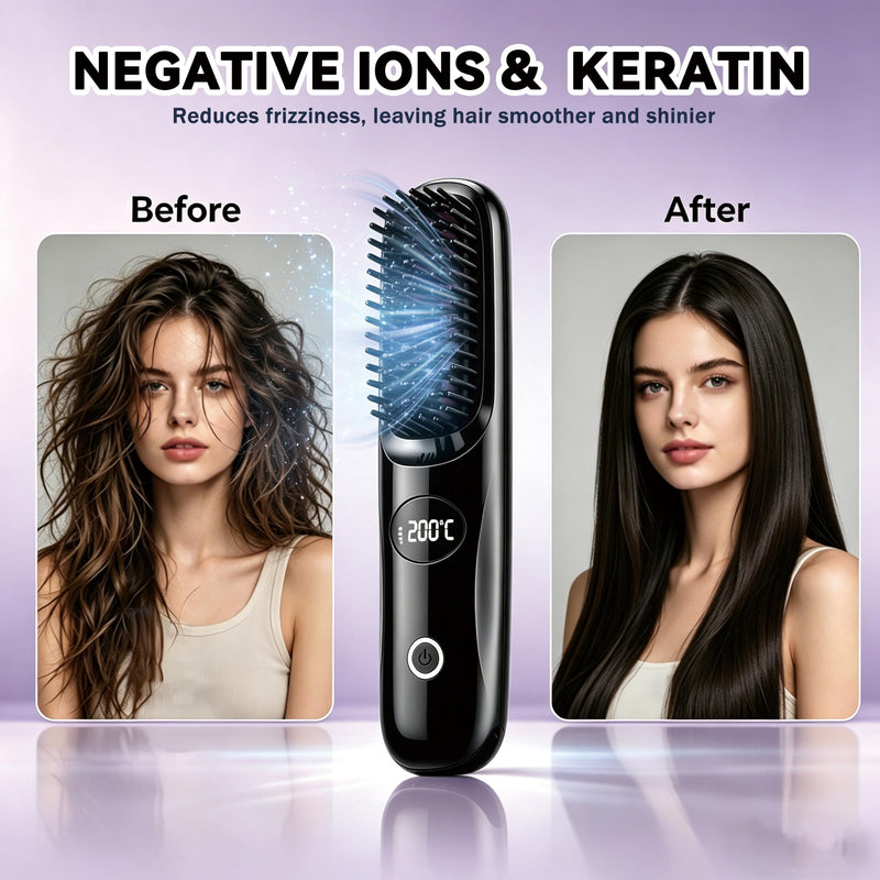 Wireless Straightening Brush, Bwaliffury Portable Brush Smoothing 2 in 1.160 °C - 200 °C, 3 Temperature Settings, LED Display, Brosse Coiffant, Ceramic Coating, for Home and Salon, Hair and Beard