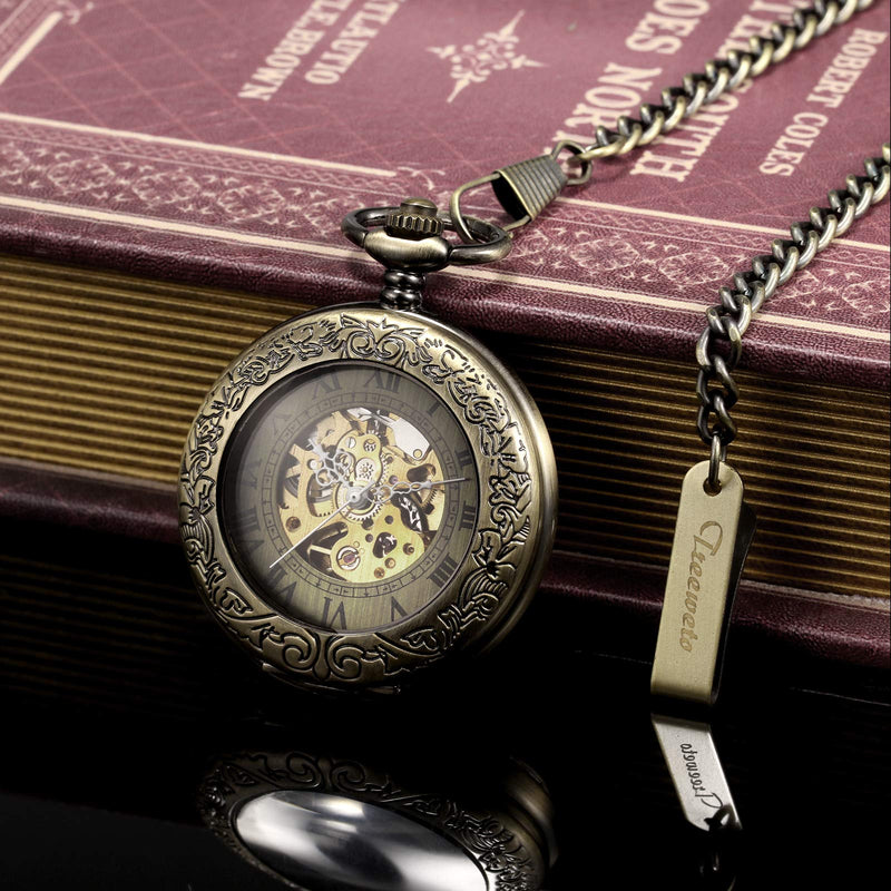 Automatic Mechanical Pocket Watch Magnifier Case Steampunk Skeleton Roman Numerals Dial for Men Women Bronze
