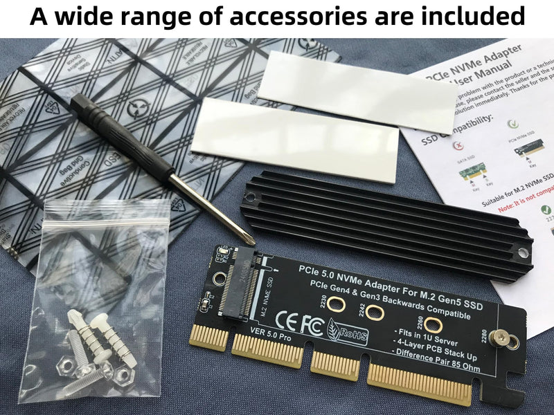 PCIe 5.0 M.2 NVMe Adapter Expansion Card for PCIe5 Gen5 SSD, Backward Compatible with PCIe 4.0/3.0/2.0/Gen4/Gen3, Fits in 1U Server. (X16) X16