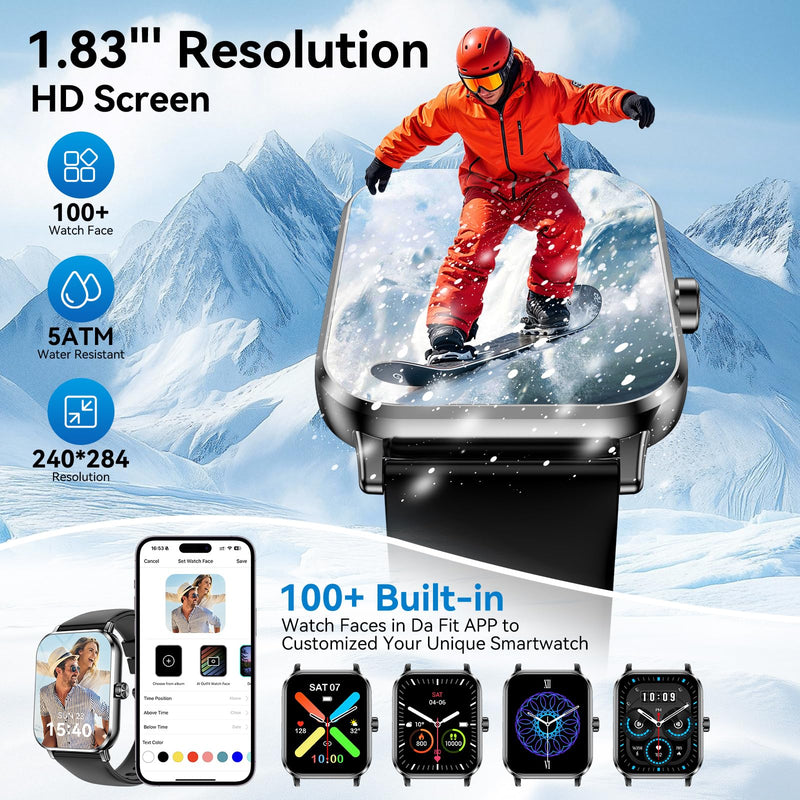 Smart Watch for Men Women, 1.83" HD Touch Screen Smartwatch with Bluetooth Call, IP68 Waterproof, 130+ Sport Modes Fitness Tracker Heart Rate Sleep Monitor Pedometer, Compatible with Android iPhone Black
