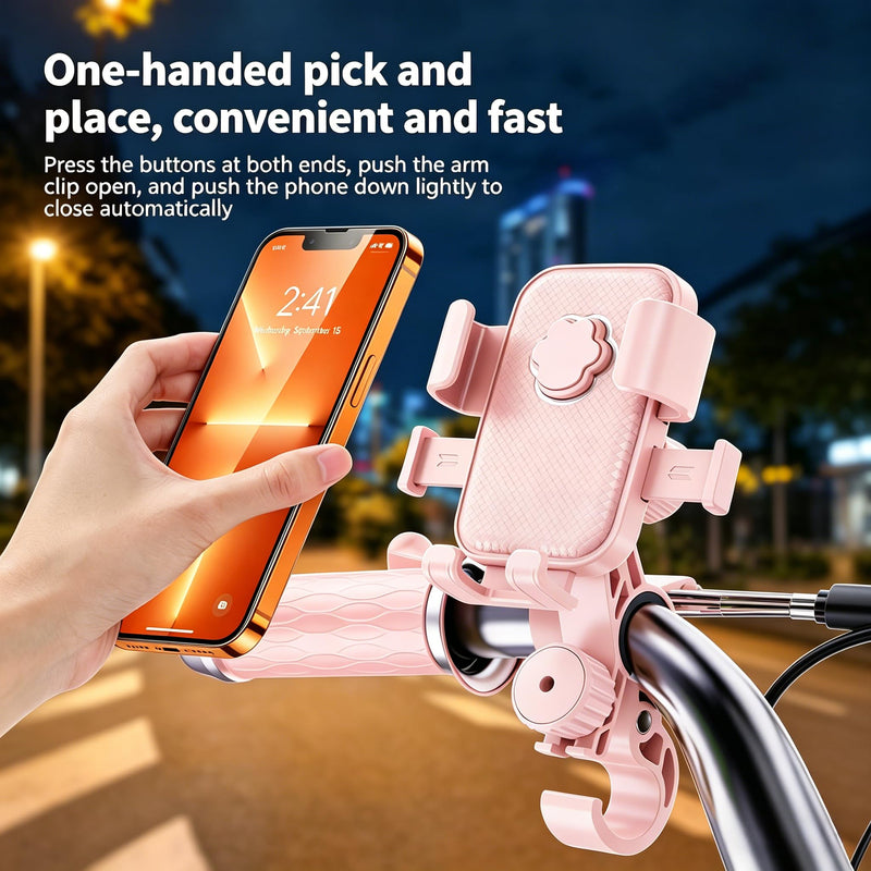 Stylish Pink Bike Phone Mount for Women | Universal 4.7"-7.2" Phone Mount, Anti-Shake 360° Handlebar Holder w/Helmet Mount for Bike Motorcycle Scooter Treadmill