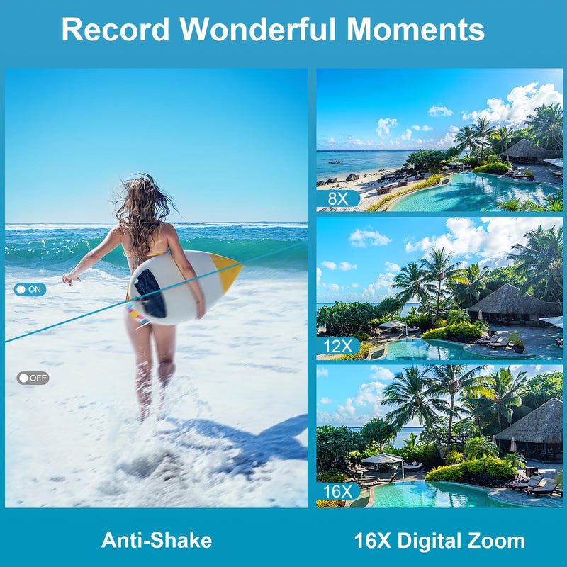 4K 64MP Underwater Camera 16FT Compact Digital Waterproof Camera Floatable | Dual-Screen Selfie, 1250mAh Battery,16X Digital Zoom,Autofocus,Fill Light, With 32GB Card, Snorkeling & Underwater Trips Blue