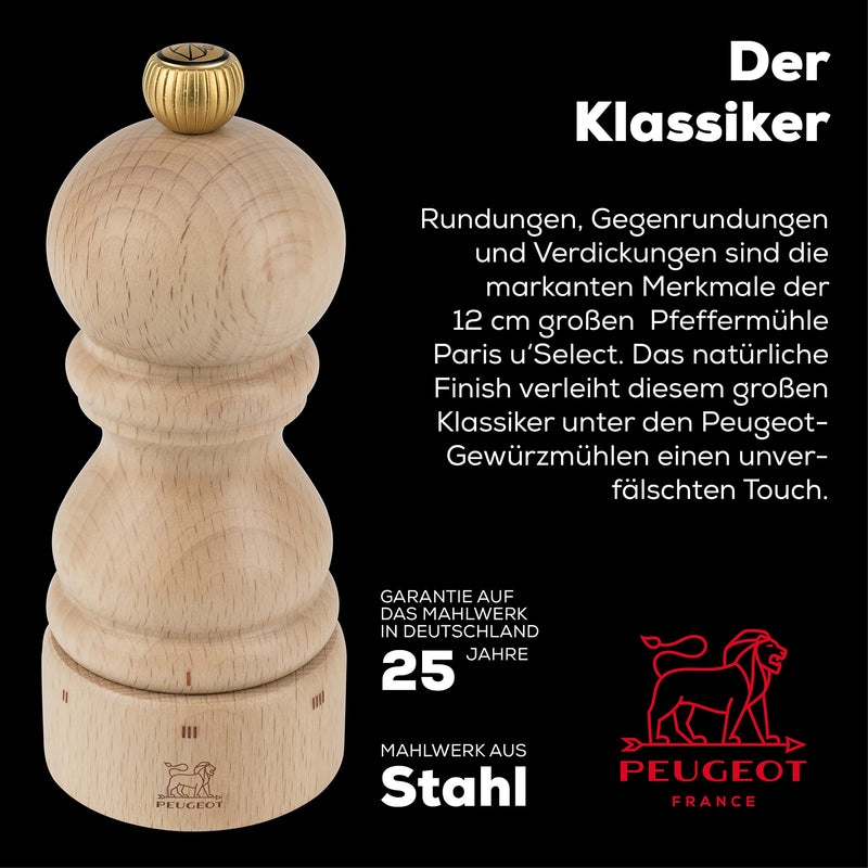 Peugeot - Paris u'Select Manual Pepper Mill - Adjustable Grinder - Beechwood, Natural 4.73in.
