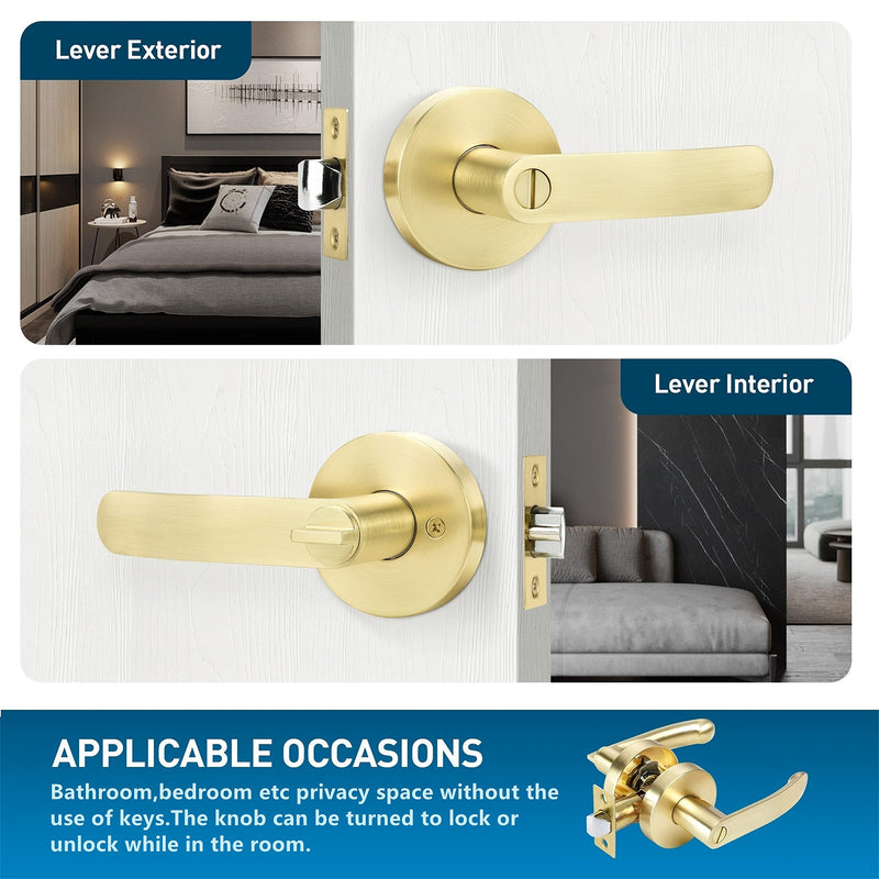 Leydebong 1 Pack Privacy Door Lock Door Handle Lever Keyless Door Knob Hardware Lockset for Bathrooms Indoor Door Levers Reversible Without Key for Interior Use, Light Satin Brass Finish Keyless-Privacy Lever