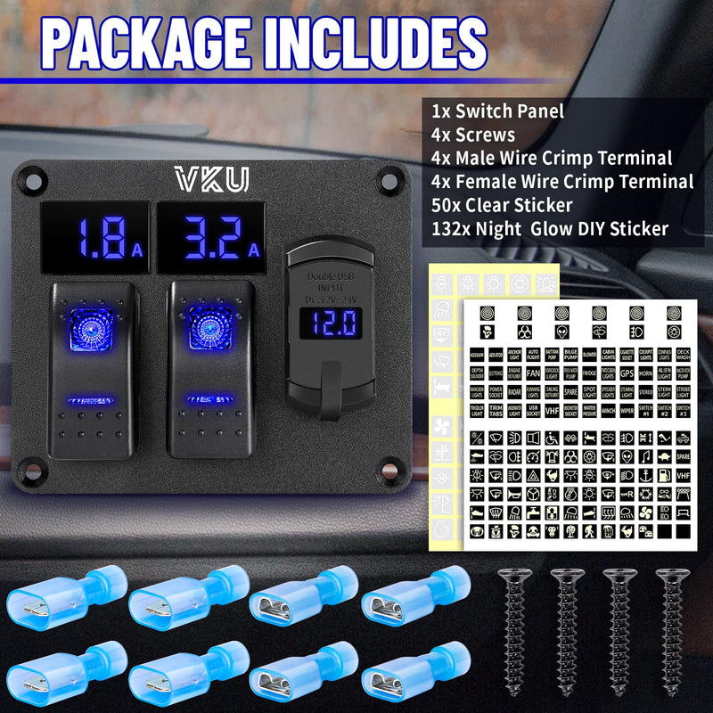 2 Gang Rocker Switch Panel with Ammeter and Voltmeter 4.8A Dual USB Charger Socket 12V 24V DC Aluminum Switches Panel 5Pin ON Off Switch for RV Cars Marine Boats ATVs Trailers 2 Gang with Dual USB Charger