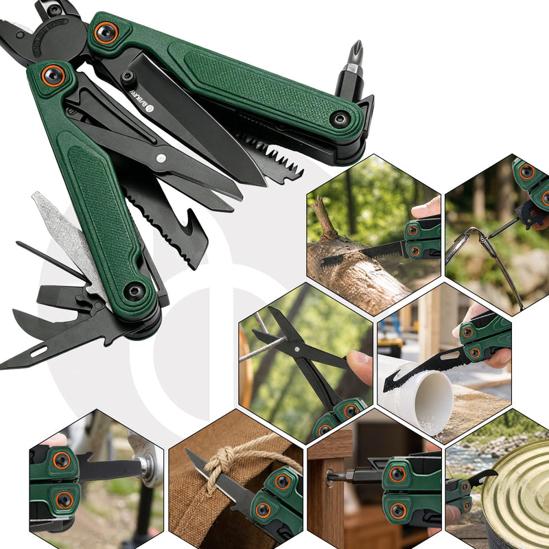 BIBURY Lightweight G10 Handle Multitool Pliers, 25-in-1 EDC Multi Tool with Replaceable Wire Cutters, Scissors, One-Hand Opening Pocket Knife Survival Tools for Camping, Repair,Survival -BI2048G Green