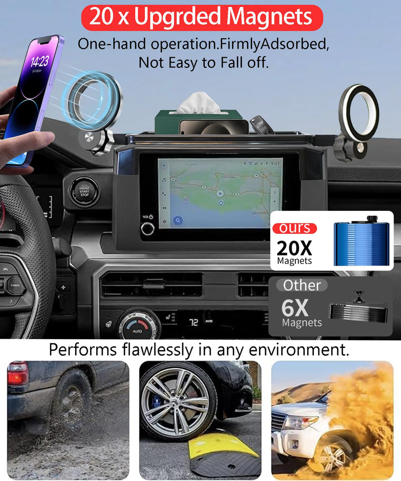 Car Phone Holder for Toyota Tacoma 2024-2026/4Runner 2025-2026 Accessories | 8" Screen Clip MagSafe Strong Magnetic Cell Phone Mount,Dual Slots Holders for Driver& Passenger,with Dashboard Storage Tray for 2024-2026 Tacoma/2025-2026 4Runner(8" Screen)