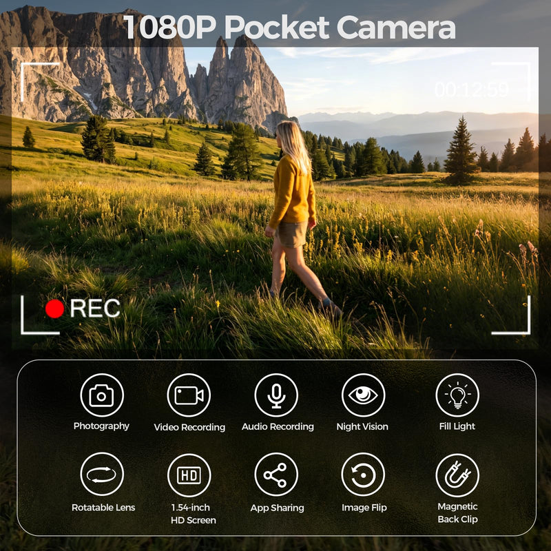 Pocket Vlogging Camera WiFi, 1080P Clip-On Mini Body Cam, Handheld Camera | POV Camera with Rotatable Lens, Night Vision, Fill Light, 1.54'' Screen, Portable Personal Camera for Travel/Sports/Working Black & 0GB