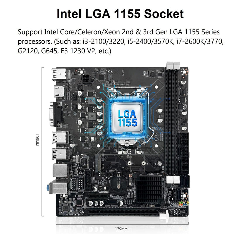 LGA 1155 Motherboard H61 for Intel 2th/3th Core i7/i5/i3 DDR3 | NVME/NGFF M.2, PCIe X16, 100M LAN, VGA, HDMI-Compatible PC Gaming Mainboard