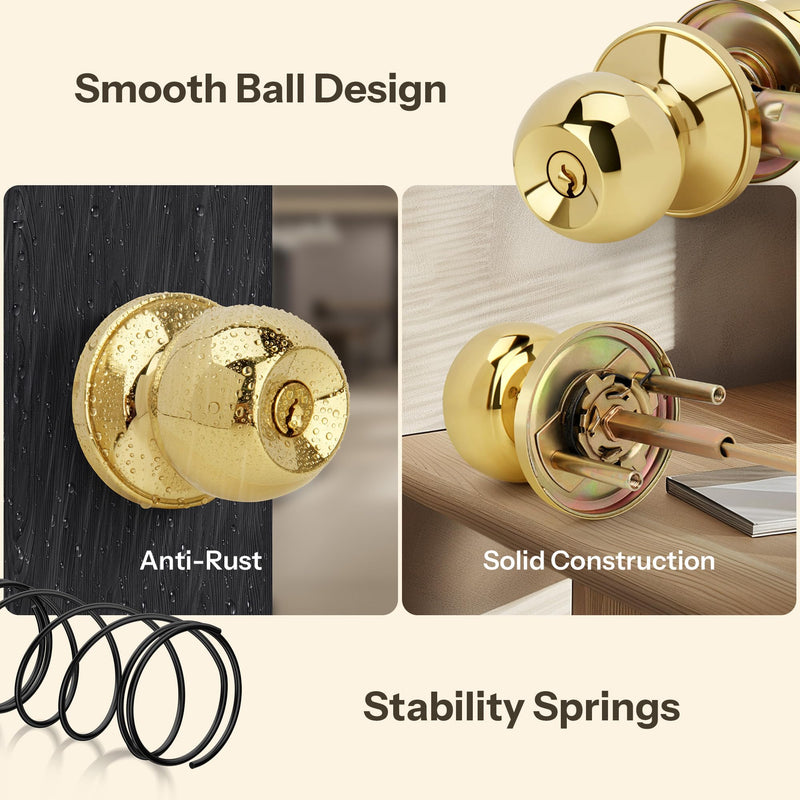 Ball Design Door Knob with Keys and Lock, Keyed Entry Round Shaped Doorknob for Front/Entrance Doors, Polished Brass Finish