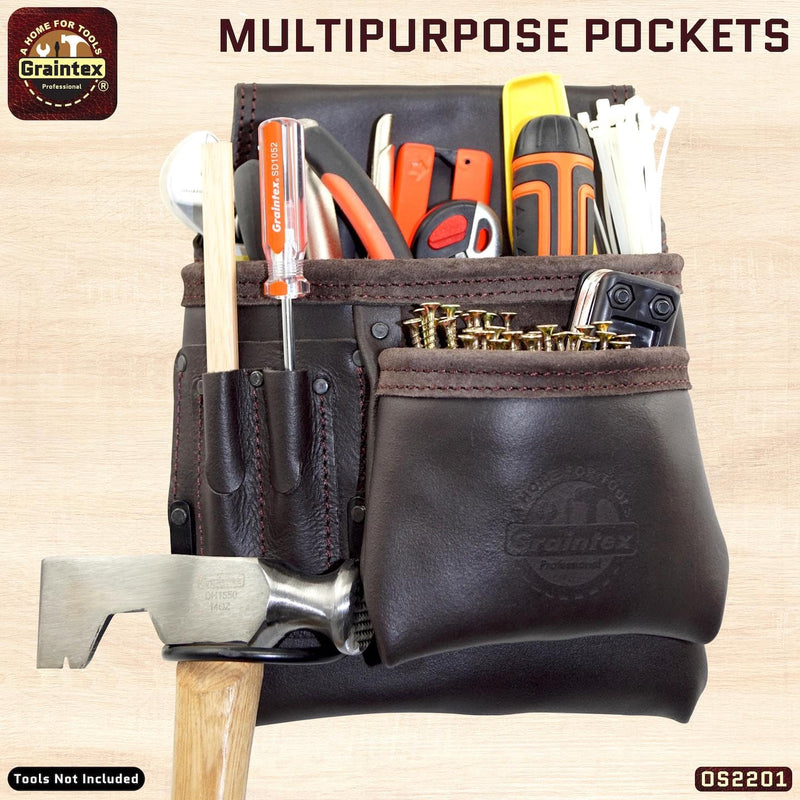Graintex OS2201 5 Pocket Right Handed Oil Tanned Leather Nail & Tool Pouch Dark Brown Color for Constructor/Electrician/Plumber