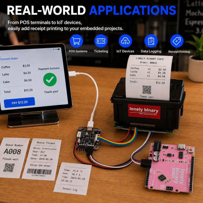 Lonely Binary 58mm Thermal Receipt Printer Kit Type-C for ESP32 & Arduino | USB-C PD 9V powered, single cable; UART TTL & RS232; 203 DPI, 48mm width; Pico, STM32; POS, IoT, taximeter, data logger