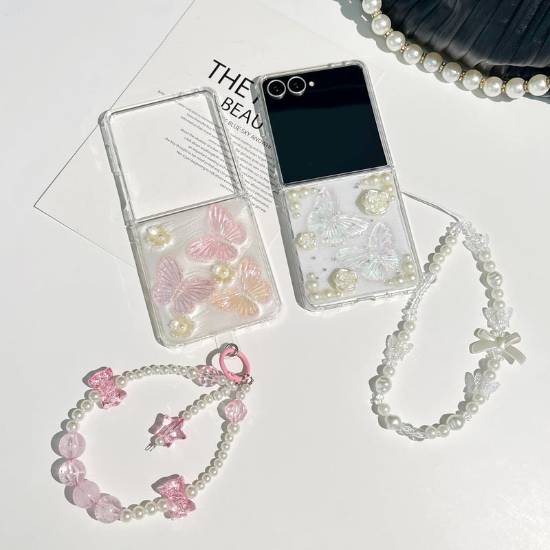 AuroiCYY for Samsung Galaxy Z Flip 8 Case with Chain, Cute 3D Pearl Bling Crystal Clear Sparkle Butterfly Floral Case for Women Girls Shockproof Soft Phone Cover with Wrist Strap for Z Flip8 5G, Pink
