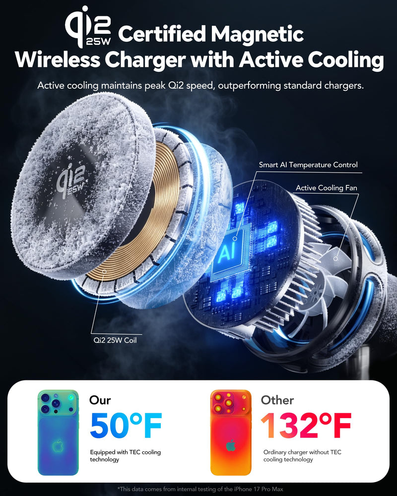4 in 1 Wireless Charging Station,Qi2.2 Mag-Safe Charger with Cooling Fan | Mag-Safe Wireless Charger Stand with TEC Active Cooling and Night Light, for iPhone17/16/15/14/13/12, Apple Watch/AirPods Black