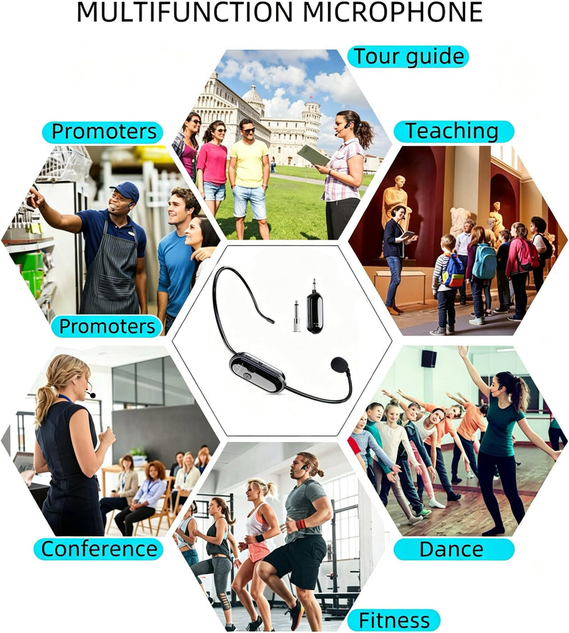 Wireless Microphone Headset UHF Wireless Headset Mic System for PA | 200 FT Transmission Range with1/8" & 1/4" Plugs, For teacher, fitness coach, singing, lightweight hands free headset mic