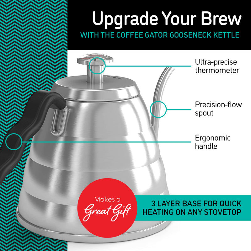 Coffee Gator Gooseneck Kettle with Thermometer - 40oz Premium Stainless Steel Pour Over Coffee Maker Kettles, Stove Top, w/Precision Drip Spout, for Drip Coffee, French Press, Tea Kettle, 5 Cup, 1.2L 40 fl oz