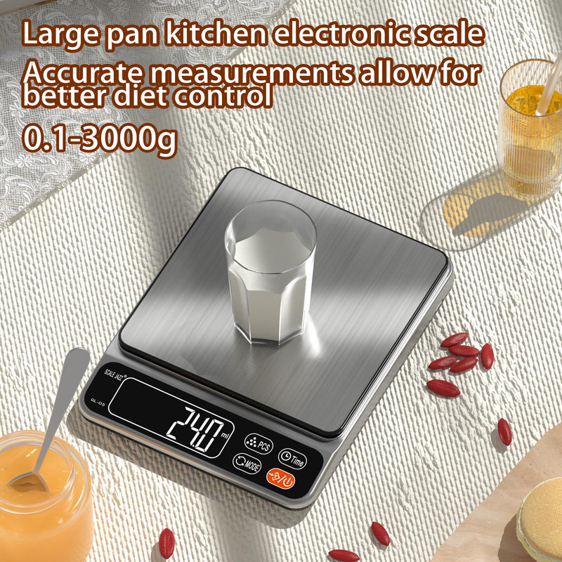 Food Scale,5kg/11lb Digital Kitchen Baking Scale Grams and Ounces for Cooking Coffee Meal prep Packages Weight Loss,0.1g high Precision,7Units with Timer, Easy Clean Stainless Steel Silver L