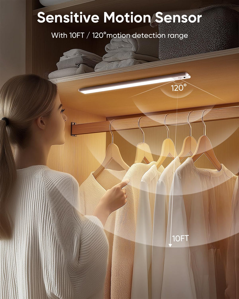 Under Cabinet Lighting Wireless, Rechargeable 62 LED Motion Sensor Light Indoor, 3 Color Temps Closet Lights with Remote Control, Dimmable Magnetic Under Counter Lights for Kitchen, Stairs, 4 Pack White-13 Inch