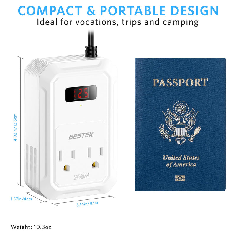BESTEK 200W Car Power Inverter - DC 12V to 110V AC Converter with 2 USB-C(30W) and 2 USB-QC(18W) - Fast Car Charger Adapter with LCD Screen, Dual AC Adapter for Laptops White