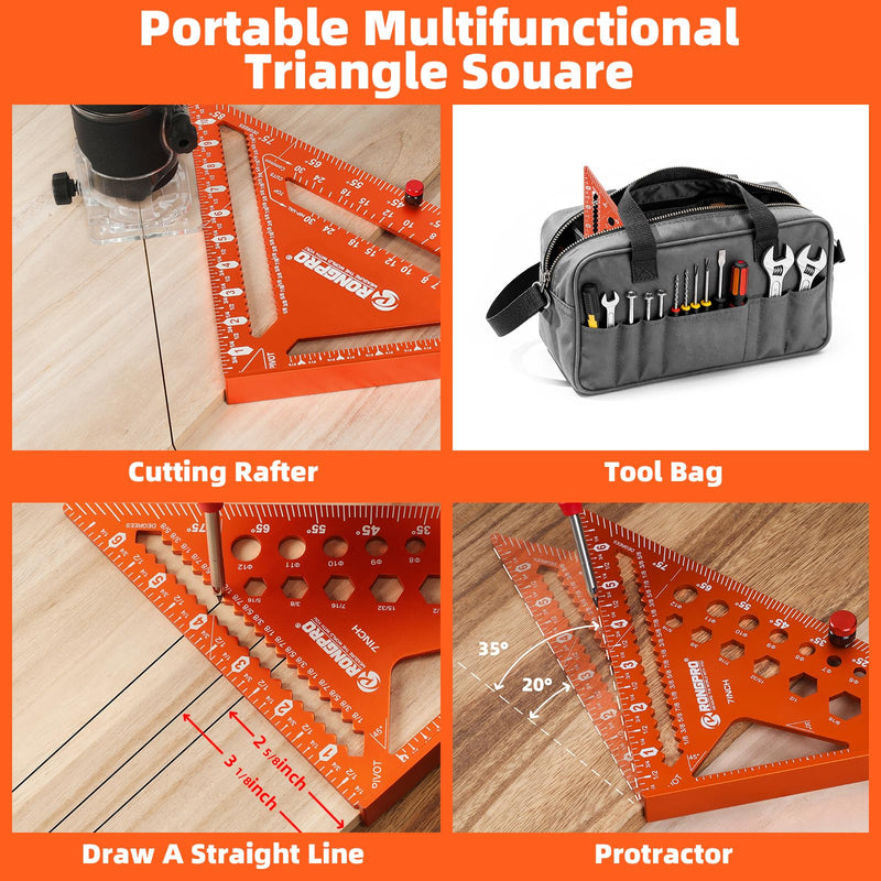 2pcs Rafter Square, 12-inch & 7-inch Carpenter Sqaure Set withWoodworking Pencil, Carpenter Measuring Layout Tool,Aluminum Alloy Triangle Ruler for Woodworking- Imperial 7+12 inch