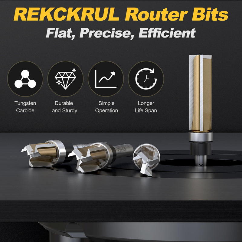 Professional Pattern Flush Trim Router Bits Set, 1/4" Shank Bottom Bearing, 3-Blade Carbide Tipped Woodworking Router Bits for Precision Edge Trimming, Cutting Length: 1/2", 3/4", 1", 1-1/2" 4PCS