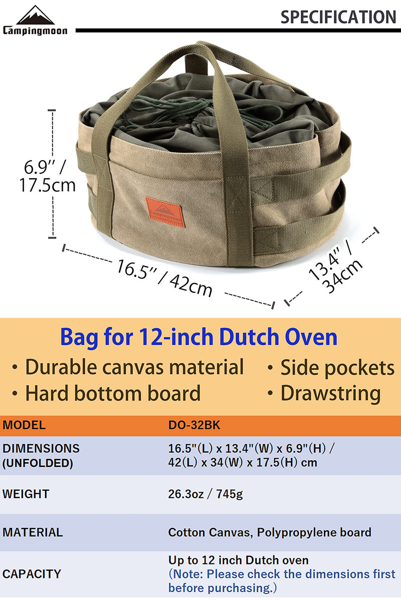 camping moon Carry Bag for Dutch Oven Durable Canvas Bag for 12-inch Dutch Oven (Do-32bk)