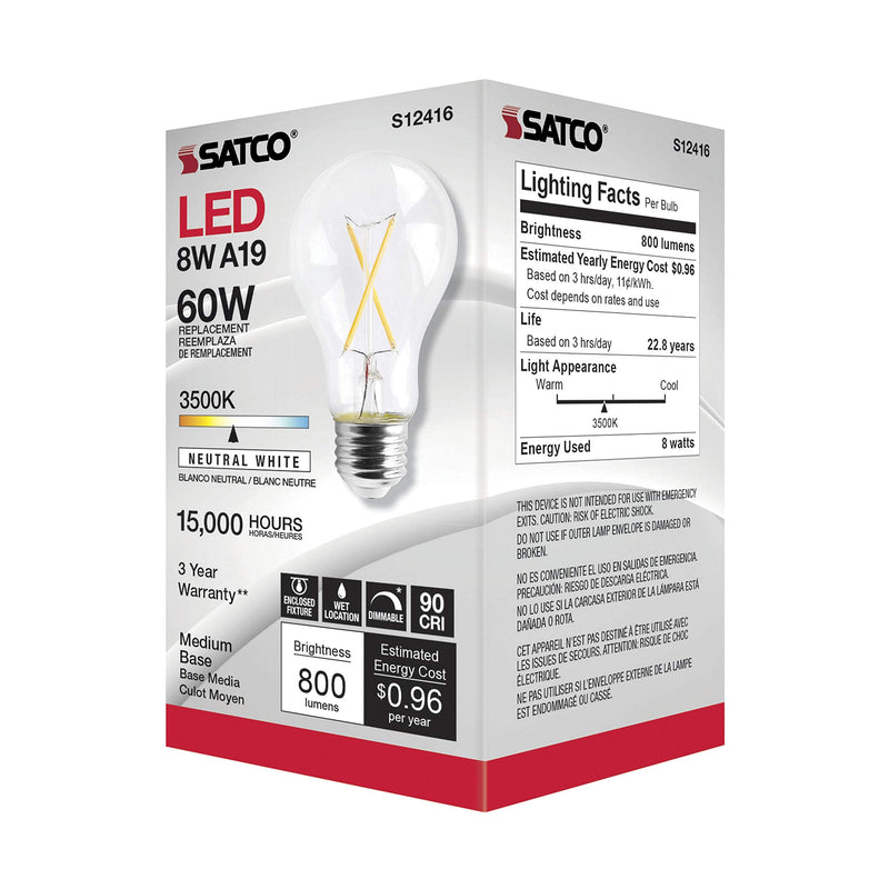 Satco Dimmable LED Filament Bulbs, S12416, 810 Lumens, 8 Watt, A19; E26 Medium Base; 3500K Neutral White; 90 CRI; 120V, Wet Location Rated, Residential, Hospitality, Commercial (6 Light Bulbs)