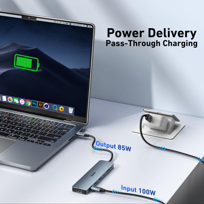BENFEI 7-in-1 USB C Hub with HDMI(4K@60Hz), 2 USB-A, 1 USB-C Data, 100W Charge, SD/TF Card Reader, Silicone Tangle-Free Cable Compatible with MacBook Pro/Air, iPad Pro, iMac, iPhone 15 Pro/Pro Max Grey