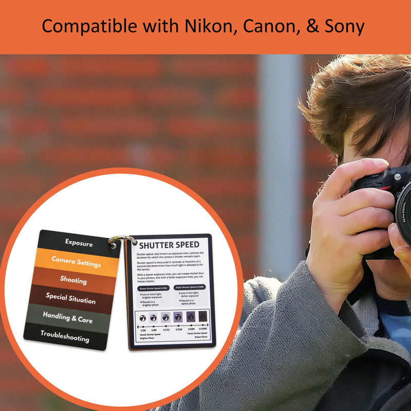 DSLR Camera Photography Cheat Sheet Cards - Photography Accessories for Canon, Nikon, Sony - Quick Reference Flashcards for Photographers - Exposure, Settings, Troubleshooting Guides & Tips - 4” x 3”