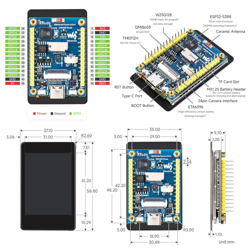 waveshare ESP32-S3 2inch Capacitive Touch Display Development Board, 240×320 Pixels, IPS Panel, 32-bit LX7 Dual-core Processor, Onboard Camera Interfac, Include OV560 Camera