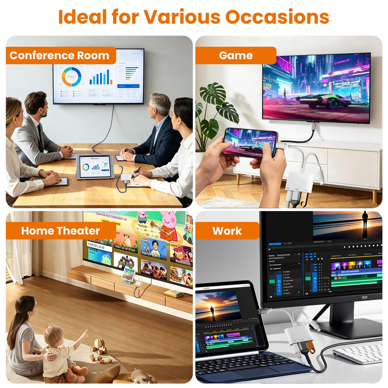 3in1 USB-C and Lightning to HDMI Adapter & OTG Adapter for iPhone iPad - 1080P MFi Apple Lightning Digital AV Adaptor with Charging & USB Flash Drive Ports for iPhone 17-6/iPad to Projector/Monitor/TV