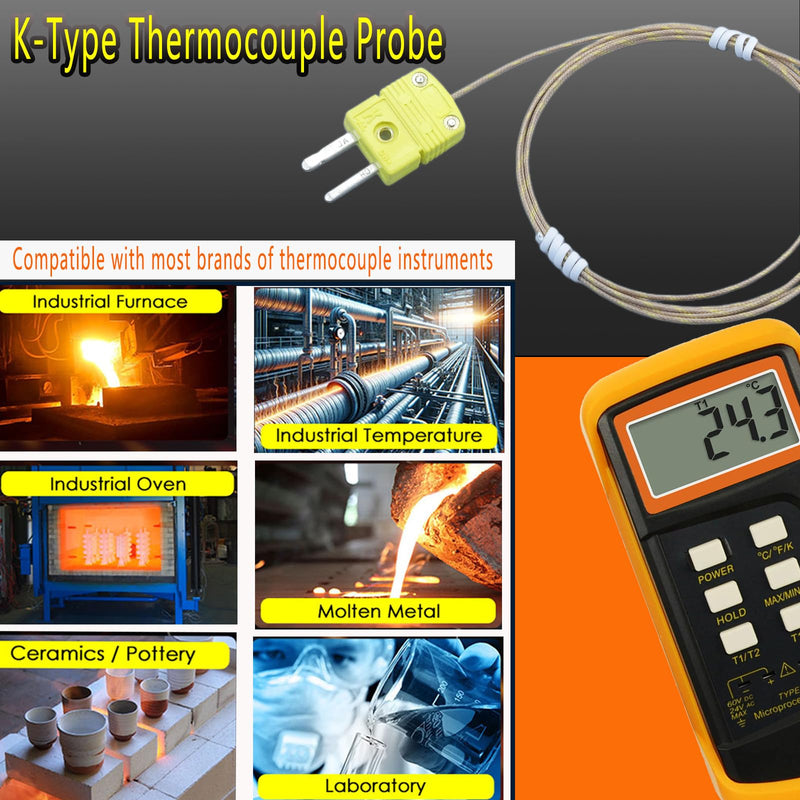 Three-Piece K-Type thermocouple Probe Set with Fiberglass Cable 47 inches Long Temperature Range -50°F to 900°F Three thermocouple sensors Included