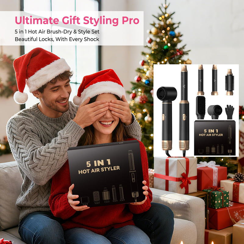 Atopskins Airbrush 5 in 1 Magic Styler Hair Styler 5 in 1 Airstyler 1000W | Hair Dryer Brush with Curl,Straighten,Volumise, Smooth and Hairdryer Brushes,Multi Gift, Curl, Straighten, Wavy, Smooth Black