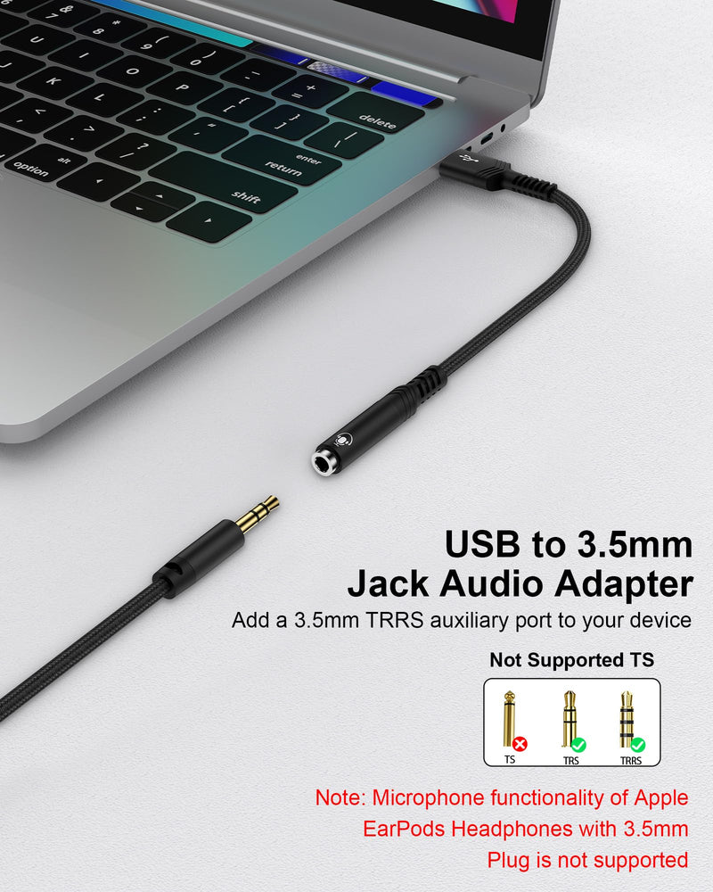 USB to 3.5mm Audio Jack Adapter, Braided USB-A Male to Aux Female Headphone TRRS Stereo Dongle Type a External Sound Card Cable Converter for PS4 PS5 Headset Laptop Mac Linux Desktops Windows -Black Black