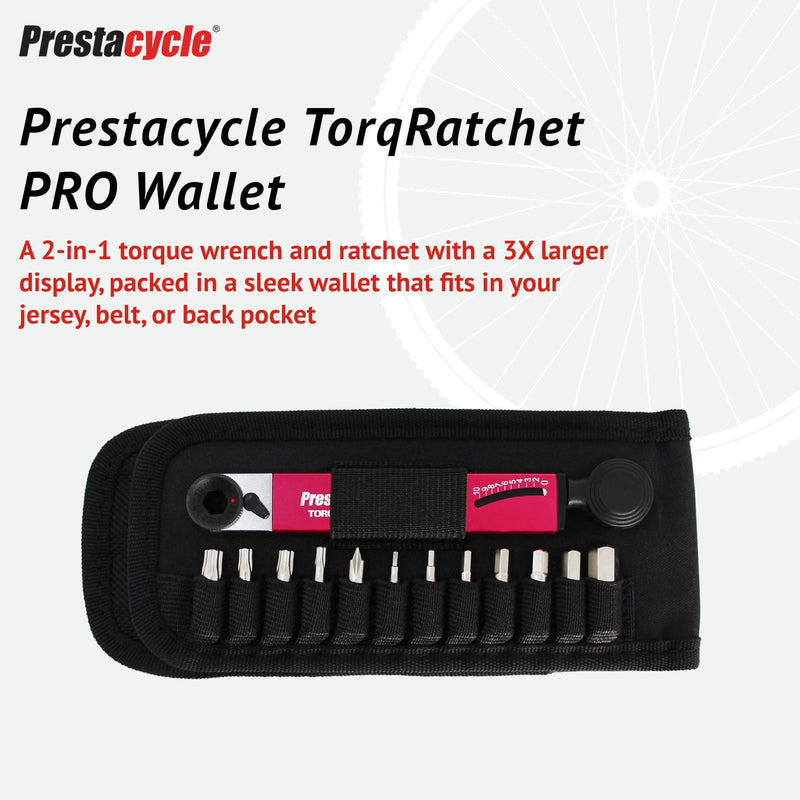 Prestacycle TorqRatchet PRO Wallet Kit – 2–10Nm Torque Wrench & Reversible Ratchet Multi-Tool – Bike Tool Set with 12 Bits – Slim Carry Wallet with Card Pocket – 60Nm Rated