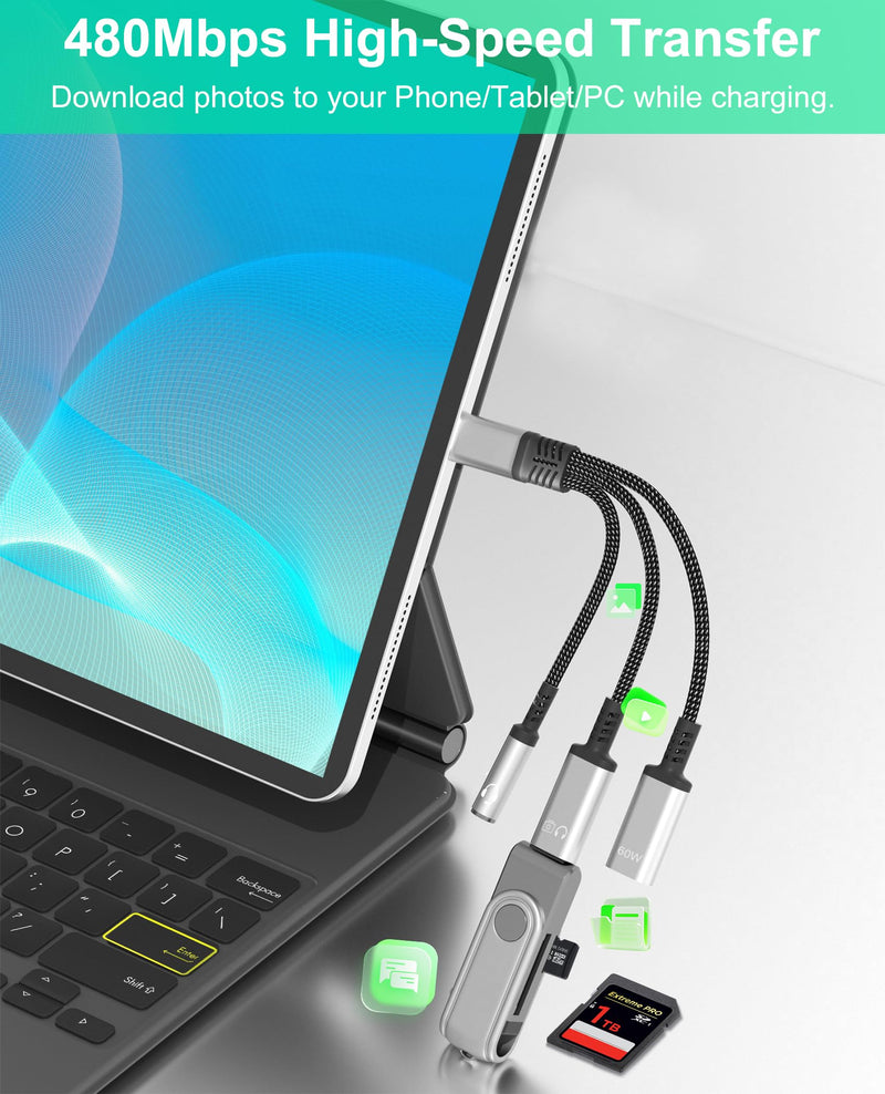 3 in 1 USB C Headphone Splitter Headphone Adapter with 60W Charging and Data, USB-C to 3.5mm Headphone & Dual USB C Splitter, PD Fast Charging/Data/Music/Calling for iPhone 17/16/15, iPad, MacBook