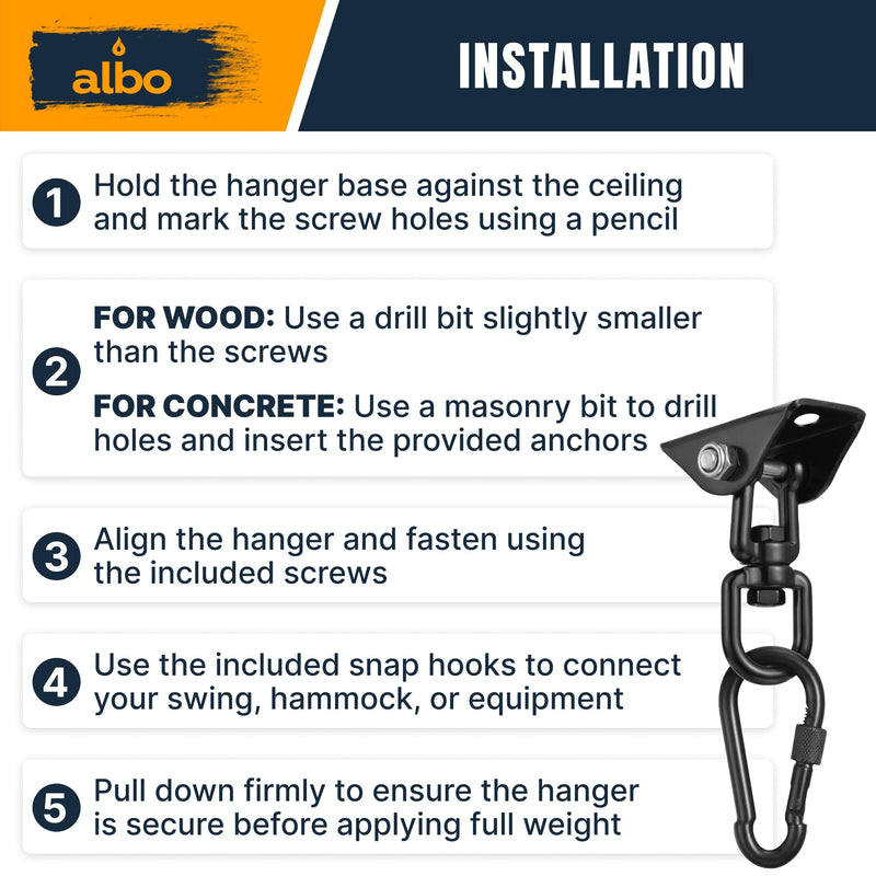 Albo Heavy Duty Swing Hangers 2 Pack, 2650 LBS, 360° Swivel Ceiling Mount Bracket with Carabiners – Hammock Chair, Porch Swing, TRX, Punching Bag, Hardware for Wood & Concrete Black 2 PCS