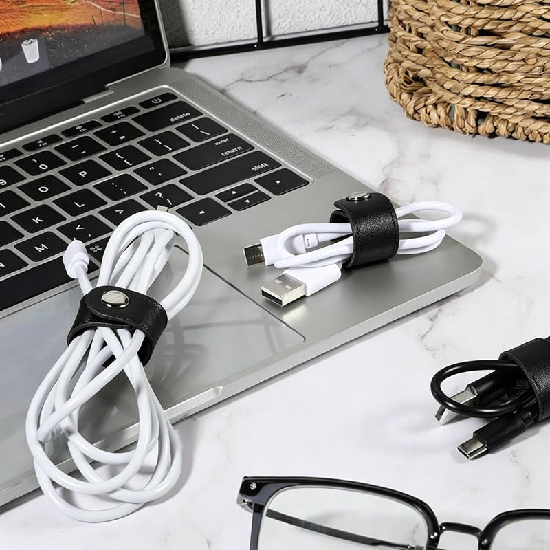 5Pcs PU Leather Cord Organizer Straps with Snap Button, Reusable Cable Ties for Data Wire and Charger Cord Management(Black) Black