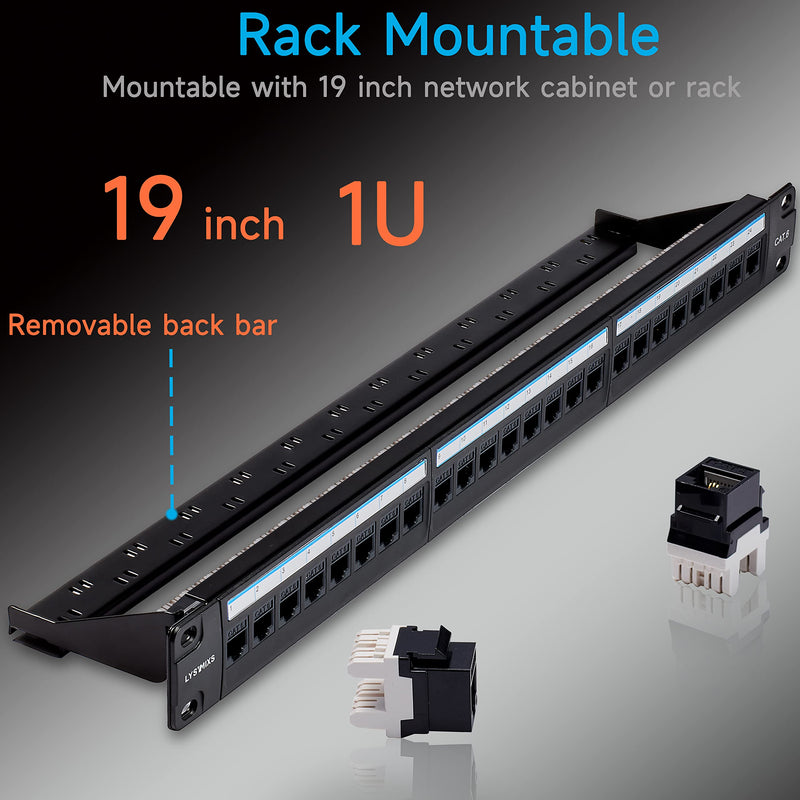 Cat6 Patch Panel 24 Port with Keystone, RJ45 Network Panel 19 Inch, Punch Down Keystone Ethernet Patch Panel with Back Bar Black 24port