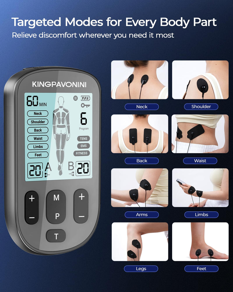 KingPavonini 3-in-1 TENS Unit Muscle Stimulator for Pain Relief Therapy, Dual Channel 36 Modes TENS Machine with 12 Pads, Rechargeable & Portable EMS Muscle Stimulator for Back, Shoulder, Neck Grey