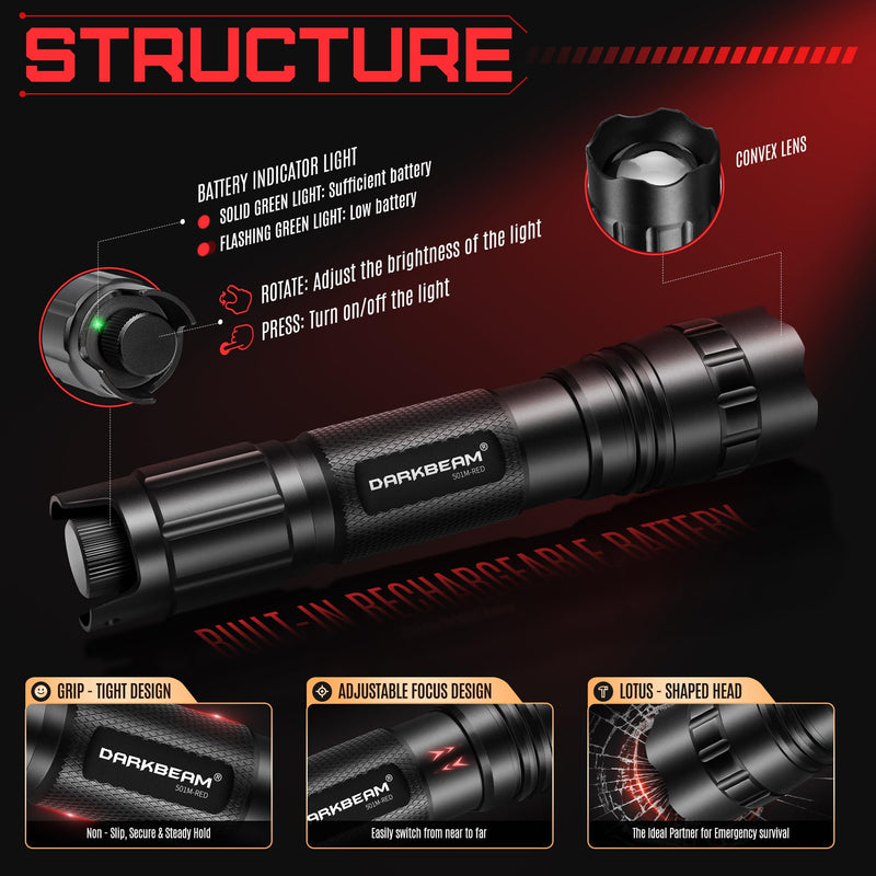 DARKBEAM Red Light LED Flashlight Tactical USB Rechargeable Stepless Dimming, Flood/Spot Portable Handheld Redlight for Night Hunting, Camping, Observation, Fishing, Astronomy, Rescue, Stargazin Pocket-size (501M)