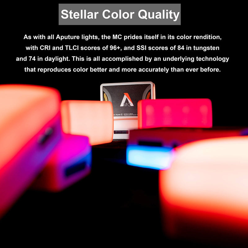 Aputure MC RGBWW On Camera Video Light, CRI/TLCI 96+, Temperature 3200K-6500K, HSI Mode,Support Magnetic Attraction and App with USB-C PD and Wireless Charging
