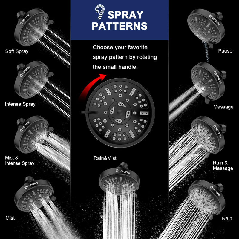 HOPOPRO Upgraded 9 Settings High Pressure Shower Head, NBC News Recommended Brand Fixed Showerhead Bathroom Showerhead Multi-functional Rainfall Showerhead for Low Water Flow (Matte Black) Matte Black